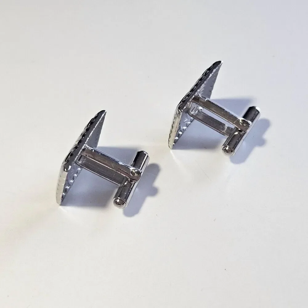 Silver Tone Rectangular Art Deco Cufflinks Stamped Star Etched Lines